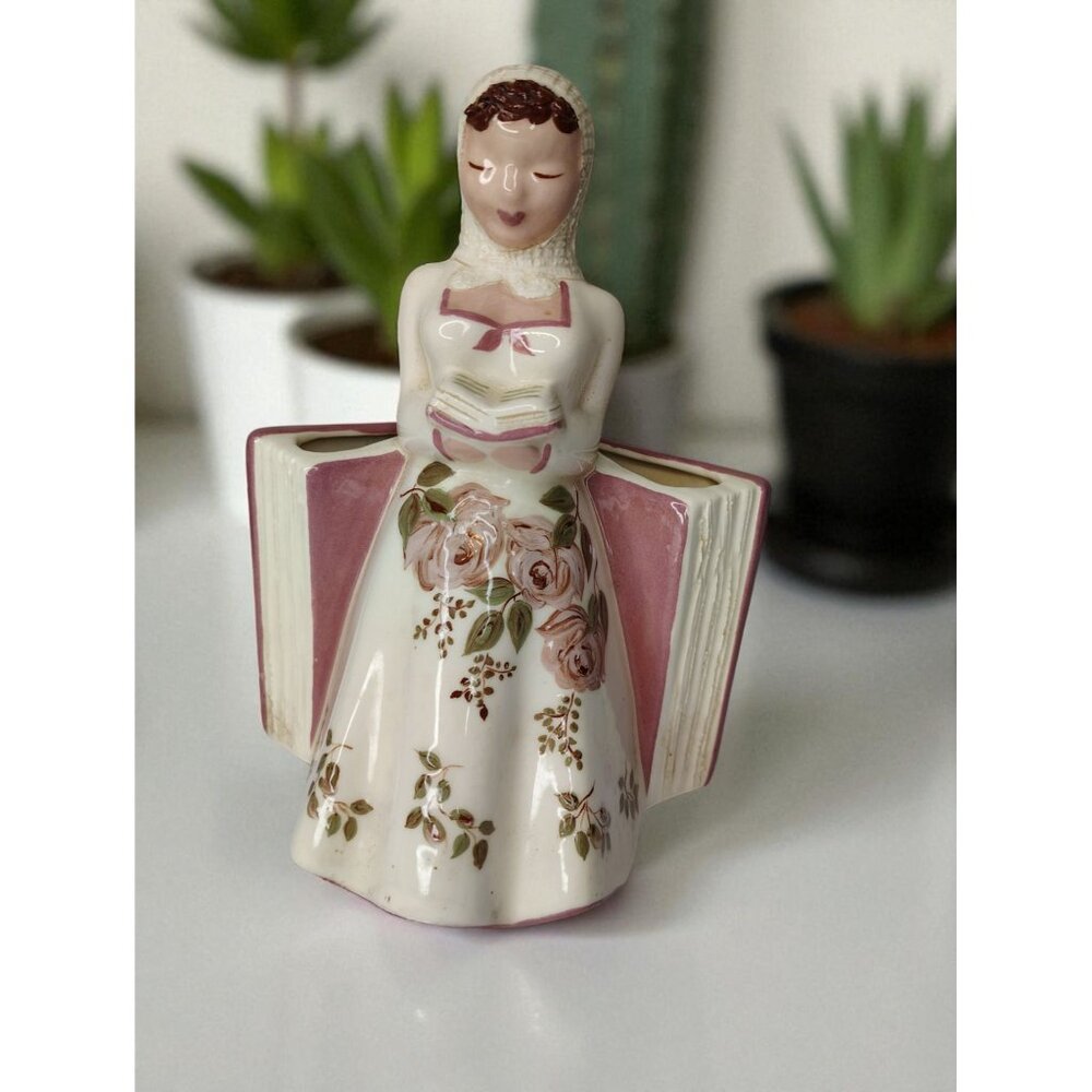 Vintage Hedi Schoop Ceramic Planter, Woman Reading Book Mauve Roses Flower
